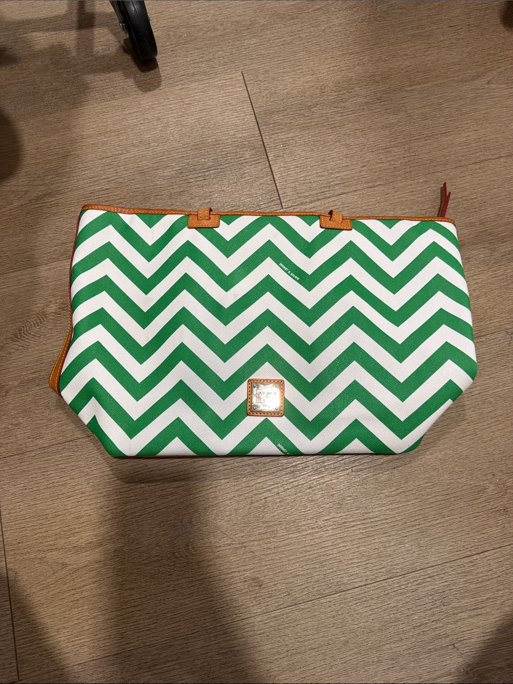 Dooney & Bourke Green and White Chevron Cosmetic Pouch with Tan Trim